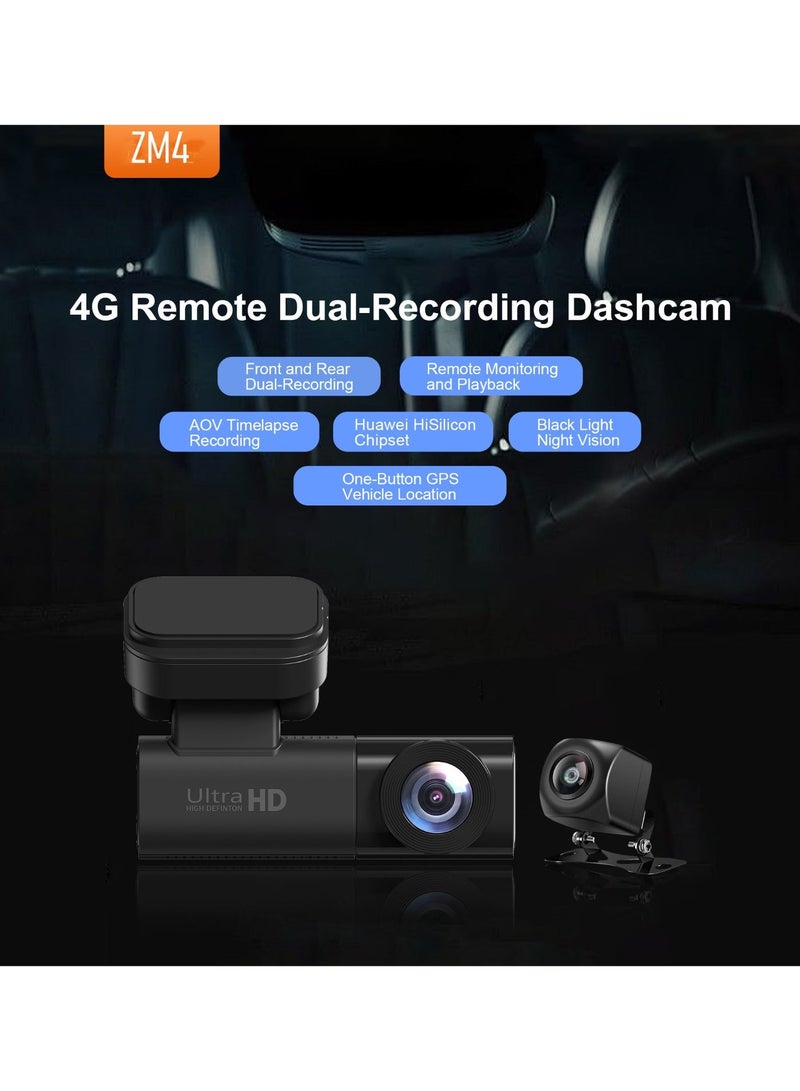 كاميرا داشكام ZM4 ثنائية العدسة بدقة 2K 1080P، أمامية وخلفية، مزودة بتقنية 4G Live، تتبع GPS، رؤية ليلية، تحكم عن بعد، تحكم عبر تطبيق، تسجيل متواصل، بطاقة ذاكرة SD سعة 64 جيجابايت مرفقة - Image 3